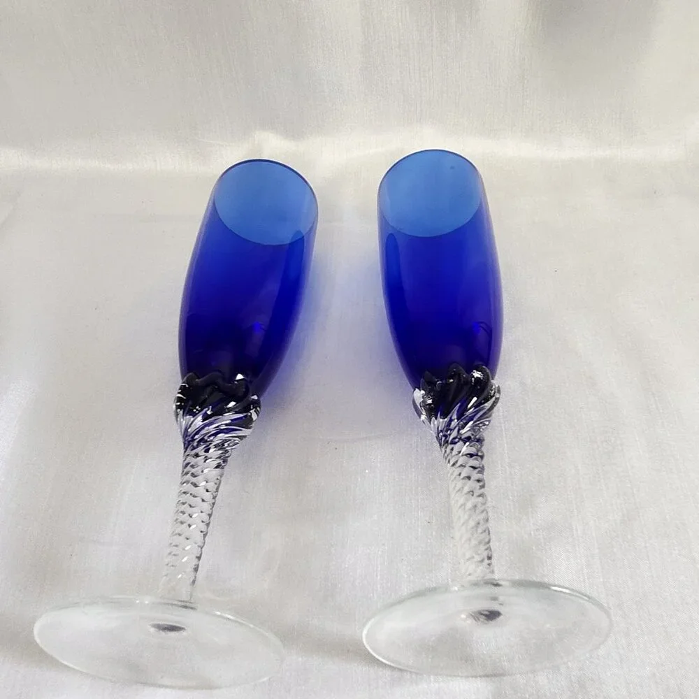Elegant Blue Crystal Champagne Flutes With Clear Textured Stems Set Of 4 8.5